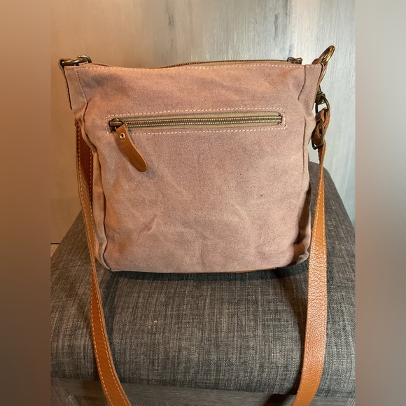 Myra Bag Upcycled Canvas & Leather Sunburst Mandala Crossbody Bag – Boho - Picture 5 of 12